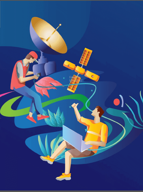 Innovative space-themed illustration with a satellite and people working on a pitch deck.