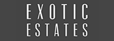 Exotic estates logo with elegant black background and white text.