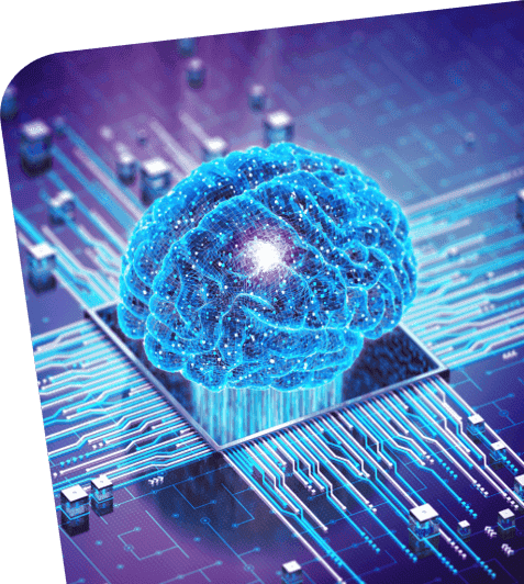 Brain with glowing neural connections on a circuit board, representing artificial intelligence.